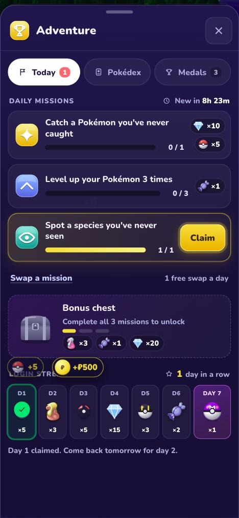 Daily missions and login calendar